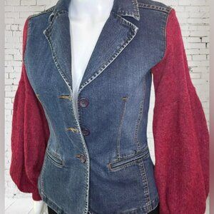 UPCYCLED one of a kind denim blazer Jacket Seven Jeans Sweater sleeves |Size Med